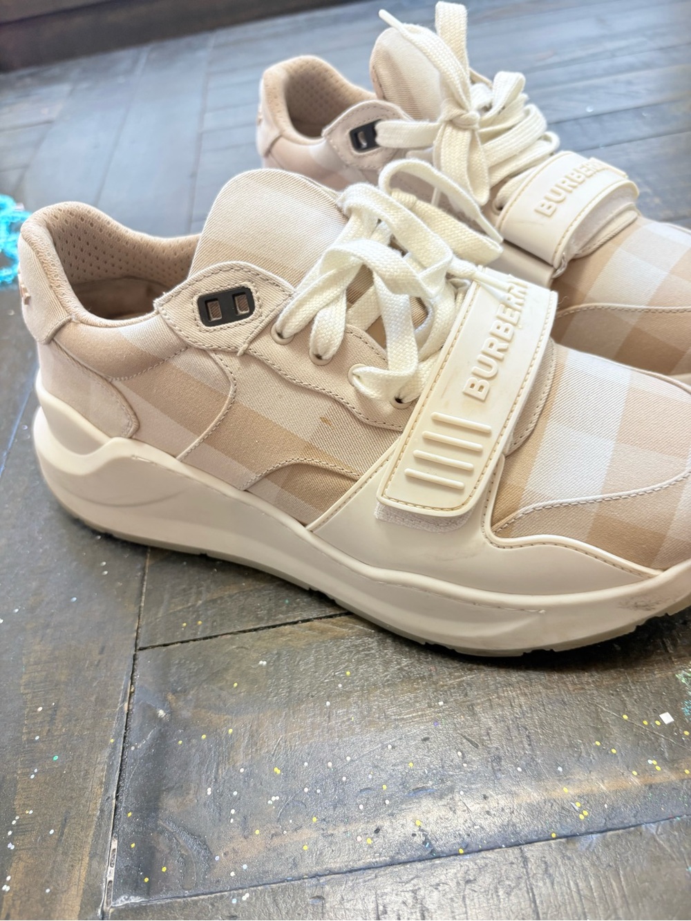 Burberry women Cream Plaid Strap Sneakers
